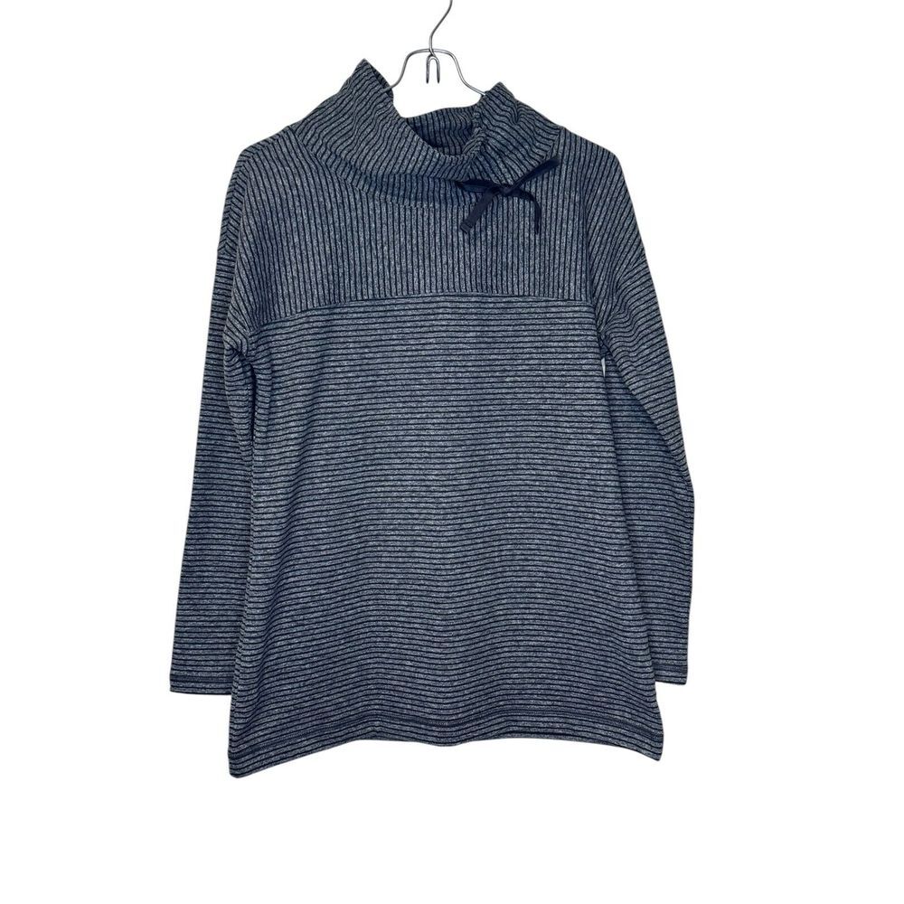 T by Talbots Women Sweatshirt Pullover Loose Mock Neck Striped Gray Small Petite
